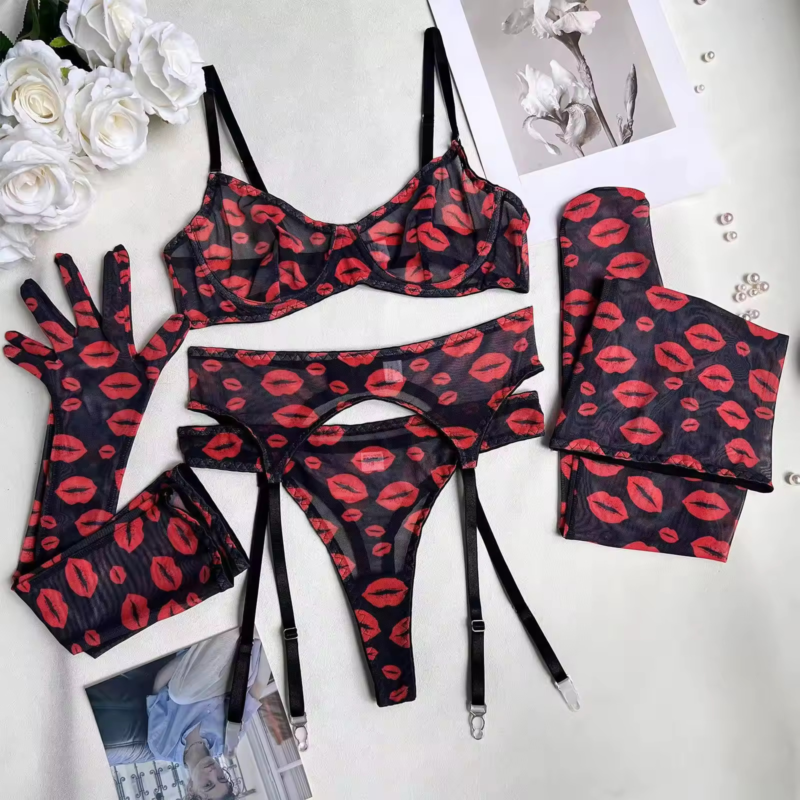 Lenjerie sexy cu imprimeu cu Pupici, 5 piese, pentru femei, S,M,L,XL - 5