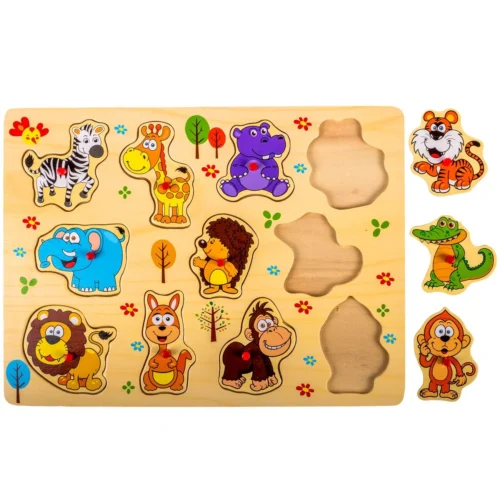 Puzzle din lemn cu animale din junglă, 11 piese, 30x22 cm
