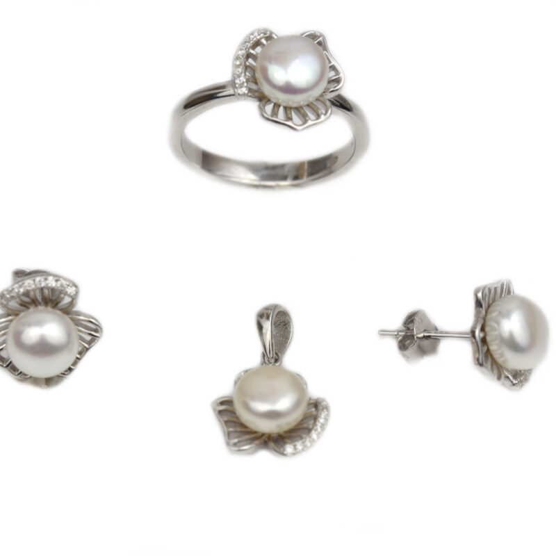 Set argint rodiat cu zirconia si perle DA214