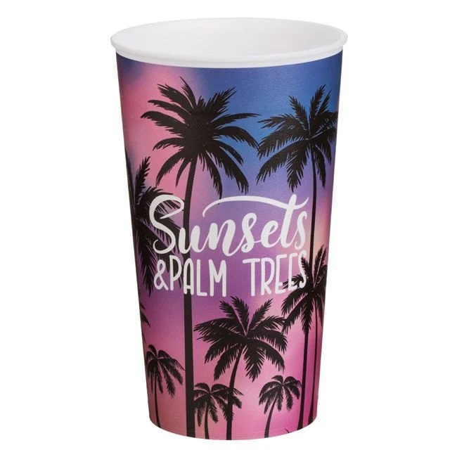 Pahar cu Imprimeu Palmieri din Plastic Roz Lila 650ml