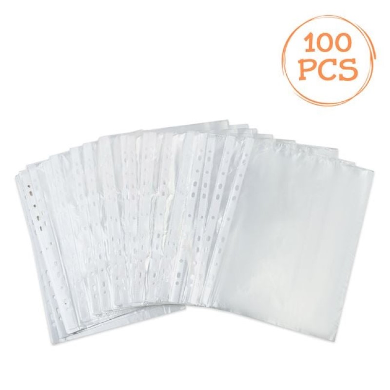 Pachetul include 100 de folii transparente pentru documente, format A4, cu grosime de 0,03 mm și margine albă.