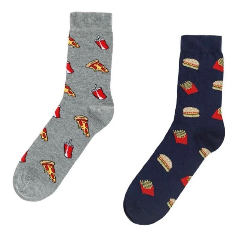 Set 2 Perechi Sosete de Iarnă Bărbați Albastre și Gri, Model Fancy Pizza & Burger