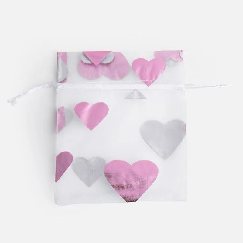 Saculet Punguta Cadou Ambalare din Organza Alb cu Inimi Roz 13x10cm
