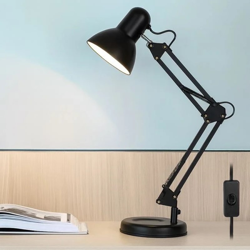 Lampa de Birou Neagra cu Baza Rotunda din Plastic si Brat Pliabil din Fier