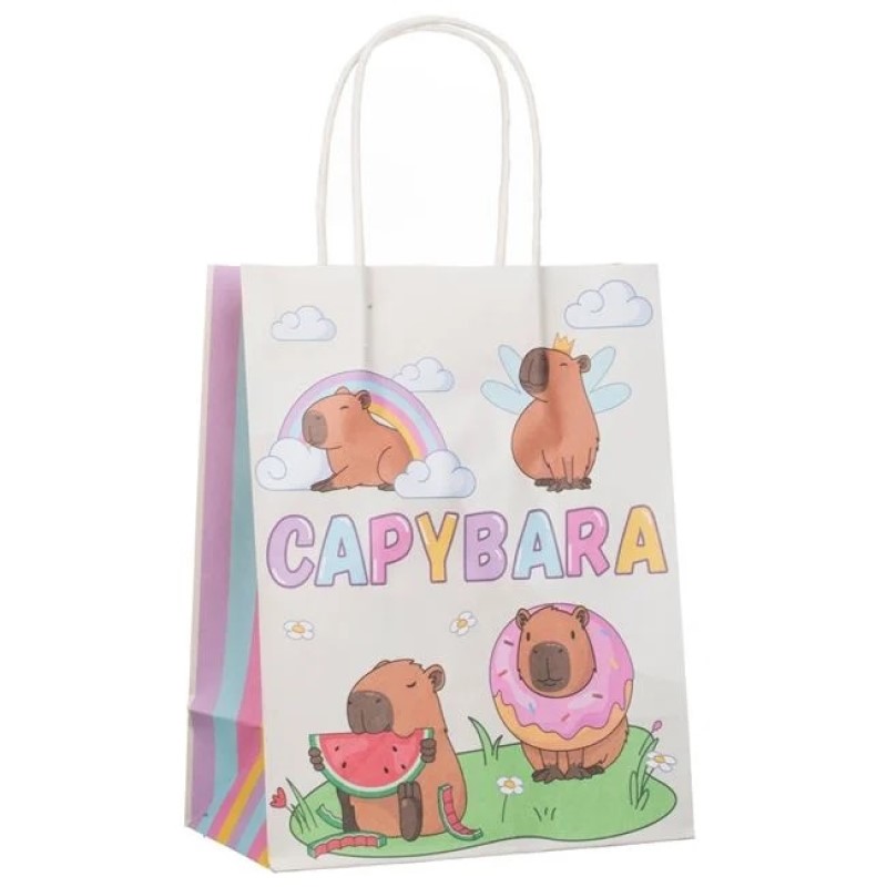 Pungă de cadou din hârtie kraft, în nuanță ecru, decorată cu figurine simpatice capybara